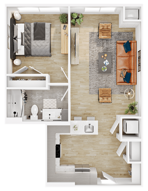 Floor plan for 1 bed, 1 bath, 684 sqft